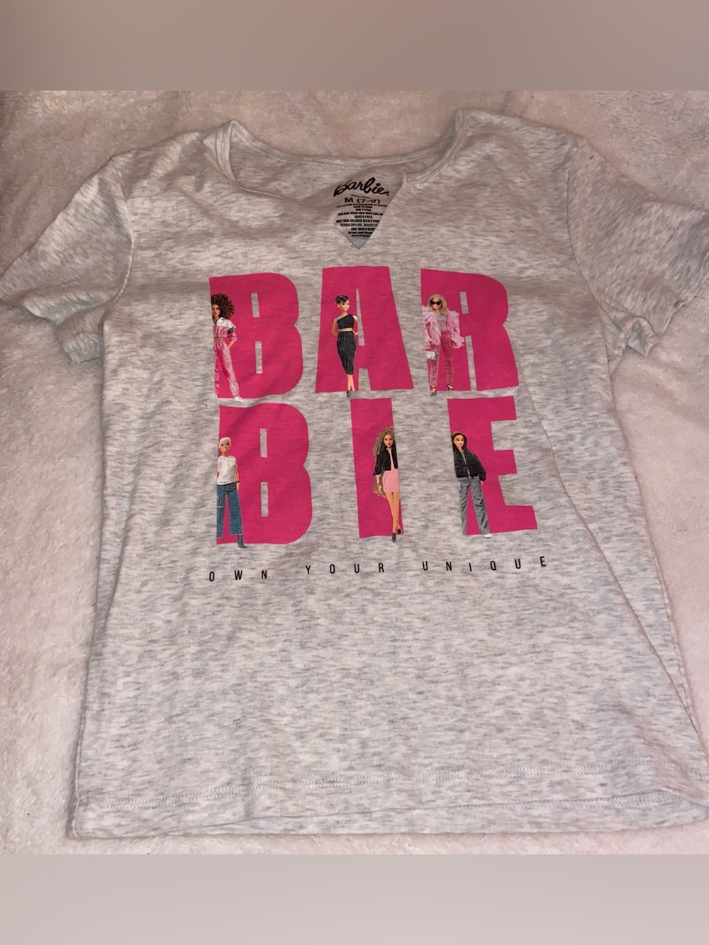 Barbie Pink Logo on Light Gray Heather Top